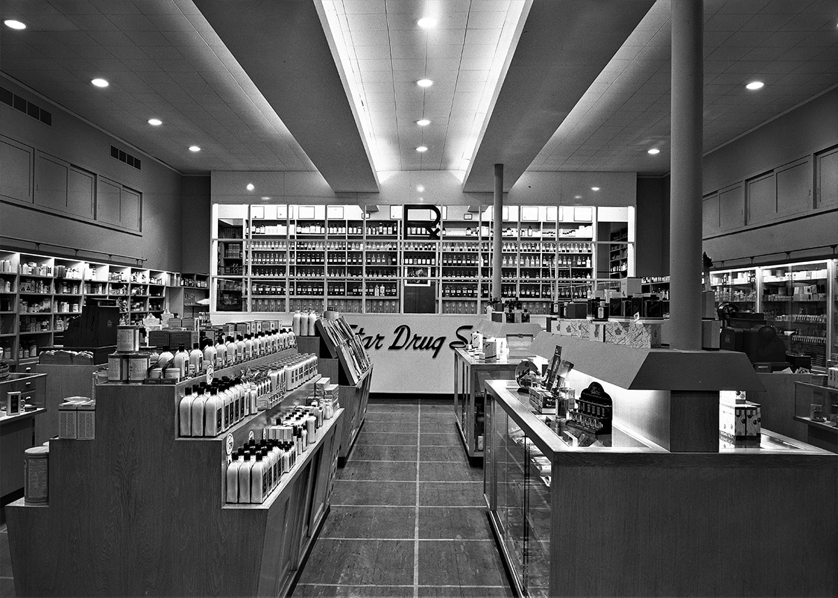 View of Star Drug, business on Kingsbridge Rd., Bronx, New York. Interior, to rear